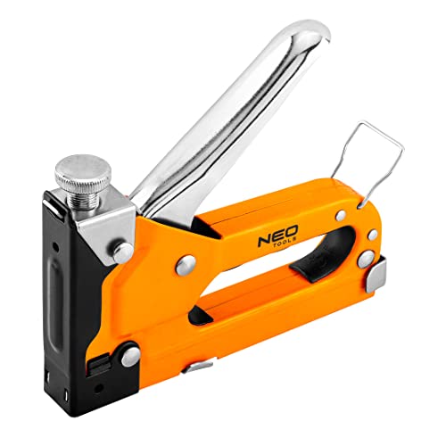 NEO TOOLS Möbelhefter Handtacker, 4–14 mm, für J-Klammern, Metallkörper, einstellbare Heftkraft, profilierter Griff, Sicherheitsschloss, Polsterklammergerät von NEO TOOLS