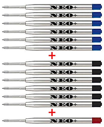 Hochwertige Ersatzfüllung für Kugelschreiber, feine Spitze 1mm, 12 Stück. Sie ist auch mit Parker-Stift kompatibel (6 x SCHWARZE TINTE + 6 x BLAUE TINTE + 1 x ROTE TINTE) von NEO+