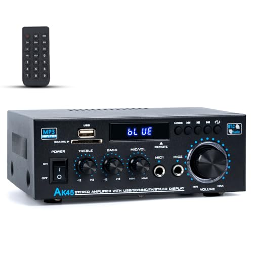 NEOHIPO HiFi-Verstärker AK45 Mini Bluetooth Stereo-Audioverstärker Receiver 12V/ 220V 400W 2 Kanäle Digitale Endverstärker Soundverstärker w/UKW-Radio, SD/USB-Karteneingang, für Zuhause oder Auto von NEOHIPO