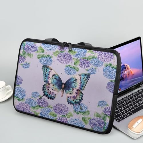 Hortensien-Schmetterling-Laptop-Tasche für Damen, wasserabweisend, PU-Leder, Computer-Aktentasche, Tablet- und Notebook-Hülle, Organizer für 38,1 cm (15 Zoll) von NETILGEN