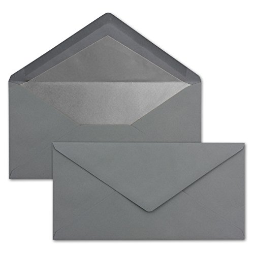 100 Brief-Umschläge DIN Lang - Graphit/Dunkel-Grau mit Silber-Metallic Innen-Futter - 110 x 220 mm - Nassklebung - festliche Kuverts für Weihnachten von NEUSER PAPIER