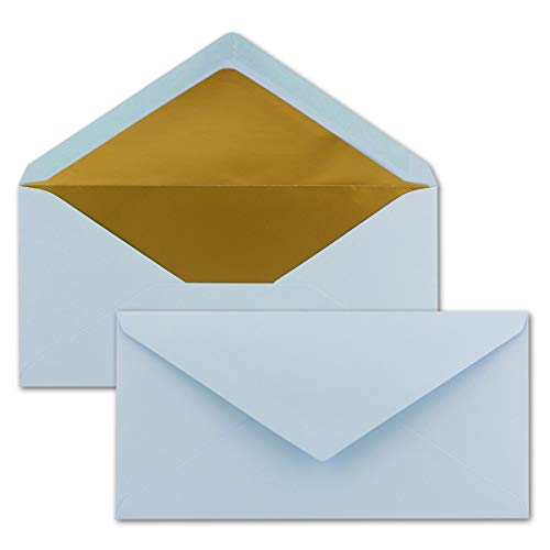 100 Brief-Umschläge DIN Lang - Hell-Blau mit Gold-Metallic Innen-Futter - 110 x 220 mm - Nassklebung - festliche Kuverts für Taufe & Geburt von NEUSER PAPIER