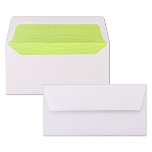 100 Briefumschläge Weiß - DIN Lang - gefüttert mit hellgrünem Seidenpapier - 22 x 11 cm - Nassklebung, gerade Klappe - Ideal für Einladungen und Grüße zu Geburtstag und Weihnachten 100 Briefumschläge Weiß - DIN Lang - gefüttert mit hellgrünem Seidenpapier - 22 x 11 cm - Nassklebung, gerade Klappe - Ideal für Einladungen und Grüße zu Geburtstag und Weihnachten von NEUSER PAPIER
