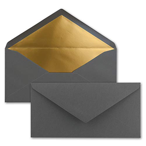 1000 Brief-Umschläge DIN Lang - Anthrazit-Grau mit Gold-Metallic Innen-Futter - 110 x 220 mm - Nassklebung - festliche Kuverts für Einladungen von NEUSER PAPIER