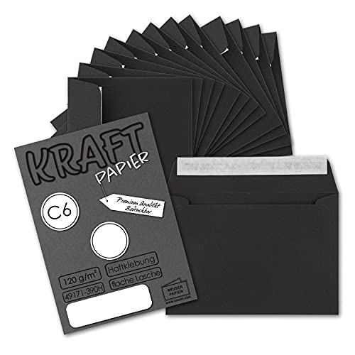 1000x Briefumschläge DIN C6 Kraftpapier - Schwarz - Vintage Recycling Kuverts mit Haftklebung - 114 x 162 mm von NEUSER PAPIER
