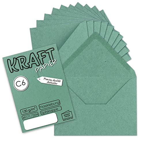 1000x Kraftpapier Umschläge DIN C6 Eukalyptus-Grün - 11,4 x 16,2 cm ohne Fenster - Vintage Briefumschläge mit Nassklebung Spitzklappe - NEUSER PAPIER von NEUSER PAPIER