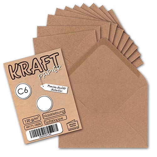 1000x Kraftpapier Umschläge DIN C6 Natur-Rosa - 11,4 x 16,2 cm ohne Fenster - Vintage Briefumschläge mit Nassklebung Spitzklappe - NEUSER PAPIER von NEUSER PAPIER