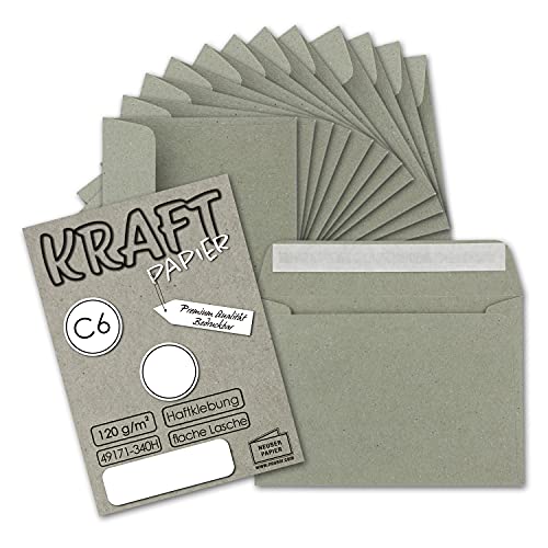 100x Briefumschläge DIN C6 Kraftpapier - Grau - Vintage Recycling Kuverts mit Haftklebung - 114 x 162 mm von NEUSER PAPIER