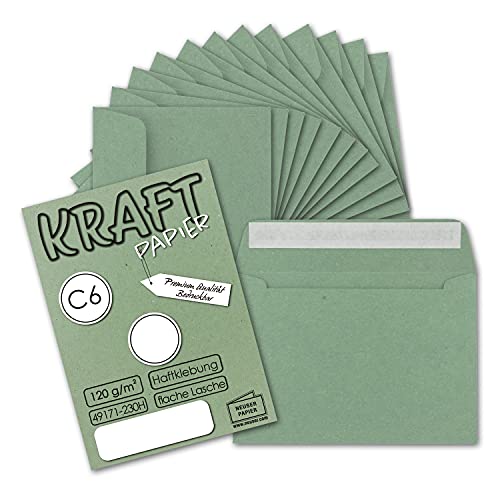 100x Briefumschläge DIN C6 Kraftpapier - Grün - Vintage Recycling Kuverts mit Haftklebung - 114 x 162 mm von NEUSER PAPIER