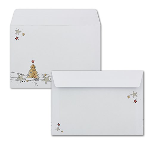 100x Briefumschläge DIN C6 in Weiß mit Weihnachtsbaum und Sternen - Haftklebung mit Abziehstreifen - 114 x 162 mm - 80 g/m² - Weihnachtsumschläge mit Motiv für Firmen und Privat von NEUSER PAPIER