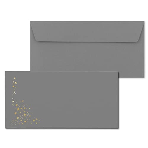 100x Briefumschläge mit Metallic Sternen - DIN Lang - Gold geprägter Sternenregen - Farbe: Grau - Haftklebung - 120 g/m² - 110 x 220 mm - ideal für Weihnachten von NEUSER PAPIER