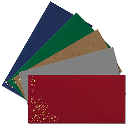 100x Briefumschläge mit Metallic Sternen - DIN Lang - Mix Set 1, Umschläge in Rot, Grau, Grün, Blau und Kraftpapier - mit Sternen in Gold von NEUSER PAPIER