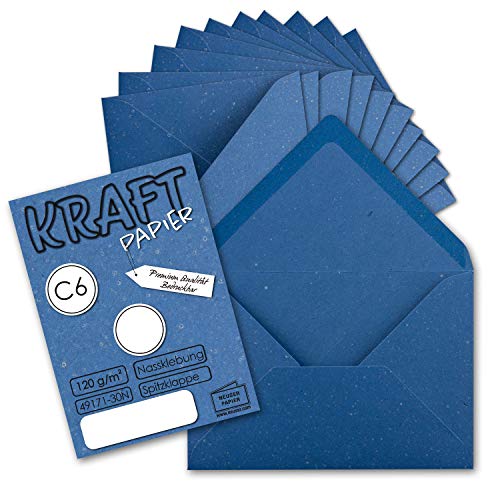 100x Kraftpapier Umschläge DIN C6 Blau - 11,4 x 16,2 cm ohne Fenster - Vintage Briefumschläge mit Nassklebung Spitzklappe - NEUSER PAPIER von NEUSER PAPIER