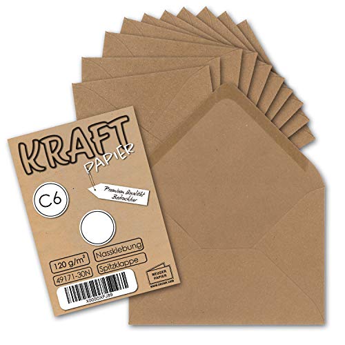 100x Kraftpapier Umschläge DIN C6 Braun - 11,4 x 16,2 cm ohne Fenster - Vintage Briefumschläge mit Nassklebung Spitzklappe - NEUSER PAPIER von NEUSER PAPIER