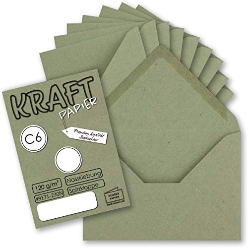 100x Kraftpapier Umschläge DIN C6 Grün - 11,4 x 16,2 cm ohne Fenster - Vintage Briefumschläge mit Nassklebung Spitzklappe - NEUSER PAPIER von NEUSER PAPIER