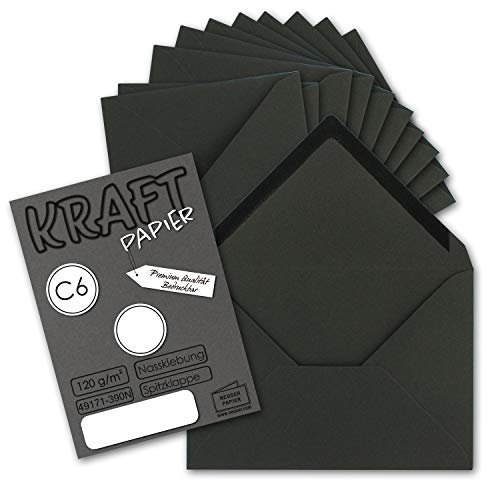 100x Kraftpapier Umschläge DIN C6 Schwarz - 11,4 x 16,2 cm ohne Fenster - Vintage Briefumschläge mit Nassklebung Spitzklappe - NEUSER PAPIER von NEUSER PAPIER