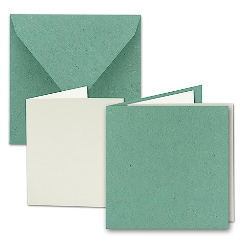 100x Quadratisches Faltkarten SET aus Kraft-Papier in Eukalyptus-Grün 15,0 x 15,0 cm - Doppel-Karten mit Briefumschlägen und Einlegeblättern aus Recycling-Papier - Serie UmWelt von NEUSER PAPIER