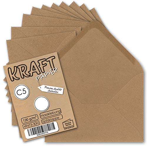 100x Vintage Brief-Umschläge DIN C5 Kraftpapier 120 g/m² - 157 x 225 mm - braun Recycling - Nassklebung Spitzklappe I UmWelt by GUSTAV NEUSER von NEUSER PAPIER