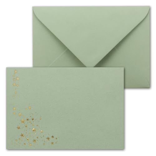100x Weihnachts-Briefumschläge - DIN C6 - mit Gold-Metallic geprägtem Sternenregen -Farbe: Eukalyptus (Grün) - Nassklebung, 120 g/m² - 114 x 162 mm von NEUSER PAPIER