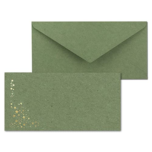 100x Weihnachts-Briefumschläge - DIN Lang - mit Gold-Metallic geprägtem Sternenregen - Kraftpapier Grün, Nassklebung, 120 g/m² - 110 x 220 mm - Marke: GUSTAV NEUSER von NEUSER PAPIER