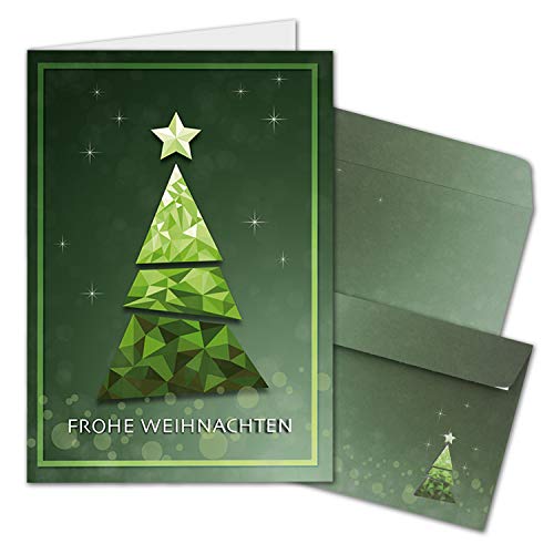 100x Weihnachtskarten-Set DIN A6 mit grünem Weihnachtsbaum in Glasmosaik-Optik - Faltkarten mit passenden Umschlägen DIN C6 in Grün - Weihnachtsgrüße für Firmen und Privat von NEUSER PAPIER