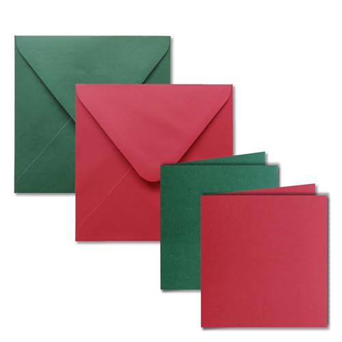 100x quadratisches Falt-Karten Set inklusive Brief-Umschläge - Blanko Einladungskarten in Rot und Grün - 135 x 135 mm (13,5 x 13,5 cm) Klappkarten von NEUSER PAPIER
