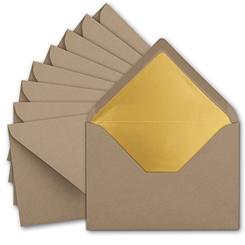 10x metallic Gold-gefütterte Brief-Umschläge DIN C5, Cappuccino (Braun) - 156 x 220 mm - Nassklebung mit spitzer Klappe - FarbenFroh by GUSTAV NEUSER von NEUSER PAPIER