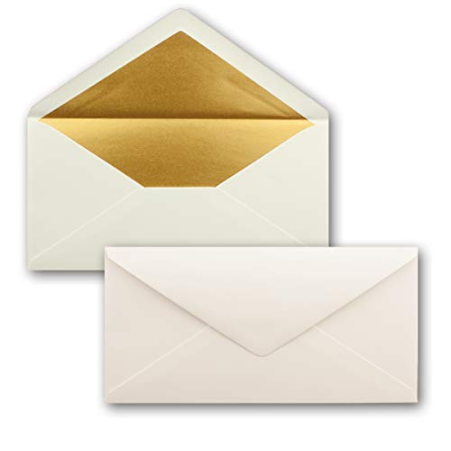 150 Brief-Umschläge DIN Lang - Naturweiss mit Gold-Metallic Innen-Futter - 110 x 220 mm - Nassklebung - festliche Kuverts für Weihnachten von NEUSER PAPIER