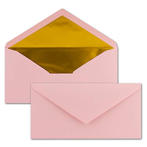 150 Brief-Umschläge DIN Lang - Rosa mit Gold-Metallic Innen-Futter - 110 x 220 mm - Nassklebung - festliche Kuverts für Taufe & Geburt von NEUSER PAPIER