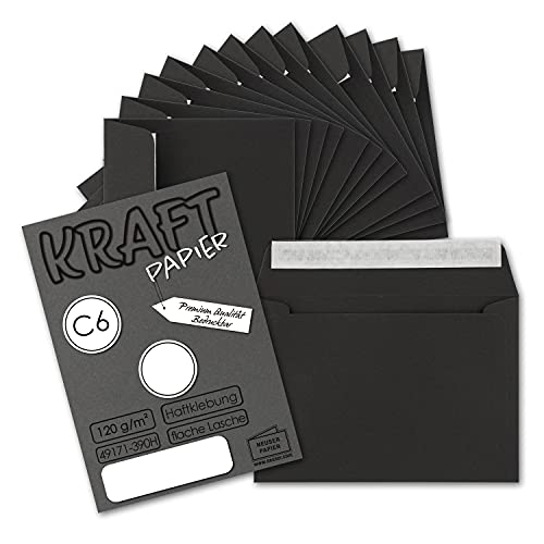 150x Briefumschläge DIN C6 Kraftpapier - Schwarz - Vintage Recycling Kuverts mit Haftklebung - 114 x 162 mm von NEUSER PAPIER