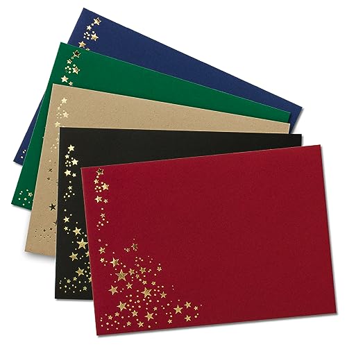 150x Briefumschläge mit Metallic Sternen - DIN C5 - Mix Set 10, Umschläge in Rot, Schwarz, Grün, Blau und Kraftpapier - mit Sternen in Gold von NEUSER PAPIER