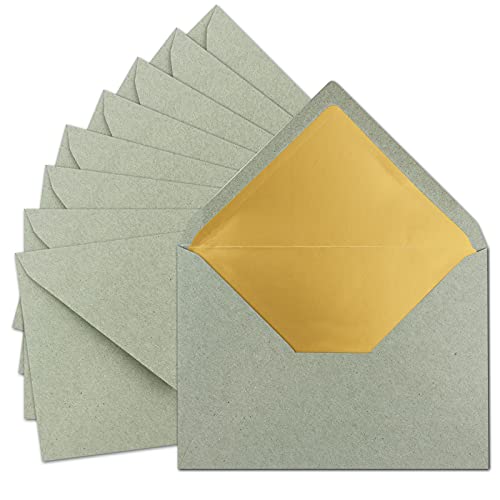 150x DIN C5 Kuverts 15,6 x 22 cm aus Kraft-Papier in Naturgrau (Grau) mit goldenem Seidenfutter - Nassklebung - Blanko Brief-Umschläge aus Recycling-Papier - Serie UmWelt von NEUSER PAPIER