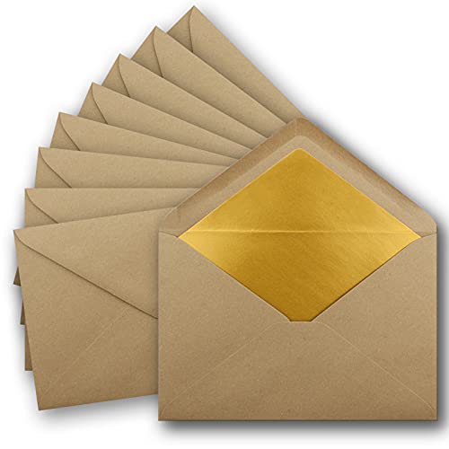 150x DIN C5 Kuverts 15,7 x 22,5 cm aus Kraft-Papier in sandbraun mit goldenem Seidenfutter - Nassklebung - Blanko Brief-Umschläge aus Recycling-Papier - Serie UmWelt von NEUSER PAPIER