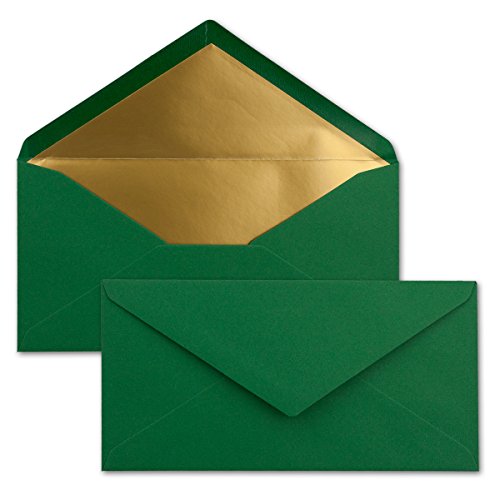 200 Brief-Umschläge DIN Lang - Dunkelgrün mit Gold-Metallic Innen-Futter - 110 x 220 mm - Nassklebung - festliche Kuverts für Weihnachten von NEUSER PAPIER