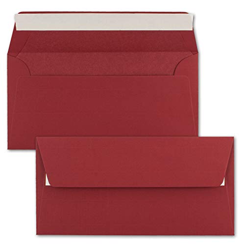 200x Briefumschläge DIN Lang 11 x 22 cm gerippt in Dunkelrot gefüttert mit rotem Seiden-Papier 110 g/m² Haftklebung von NEUSER PAPIER
