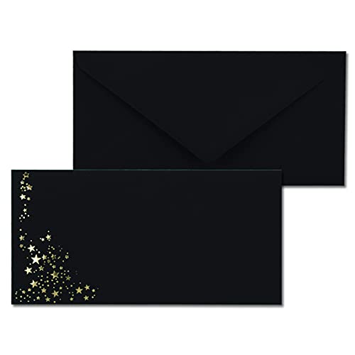 200x Briefumschläge mit Metallic Sternen - DIN Lang - Gold geprägter Sternenregen - Farbe: Schwarz - Nassklebung - 120 g/m² - 110 x 220 mm - ideal für Weihnachten von NEUSER PAPIER