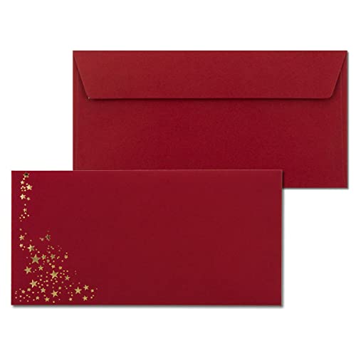 200x Briefumschläge mit Metallic Sternen - DIN Lang - Gold geprägter Sternenregen - Farbe: dunkelrot, Haftklebung, 120 g/m² - 110 x 220 mm - ideal für Weihnachten von NEUSER PAPIER