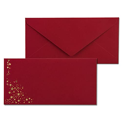 200x Briefumschläge mit Metallic Sternen - DIN Lang - Gold geprägter Sternenregen - Farbe: dunkelrot, Nassklebung, 120 g/m² - 110 x 220 mm - ideal für Weihnachten von NEUSER PAPIER
