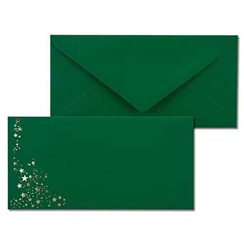 200x Briefumschläge mit Metallic Sternen - DIN Lang - Silber geprägter Sternenregen - Farbe: dunkelgrün, Nassklebung, 120 g/m² - 110 x 220 mm - ideal für Weihnachten von NEUSER PAPIER