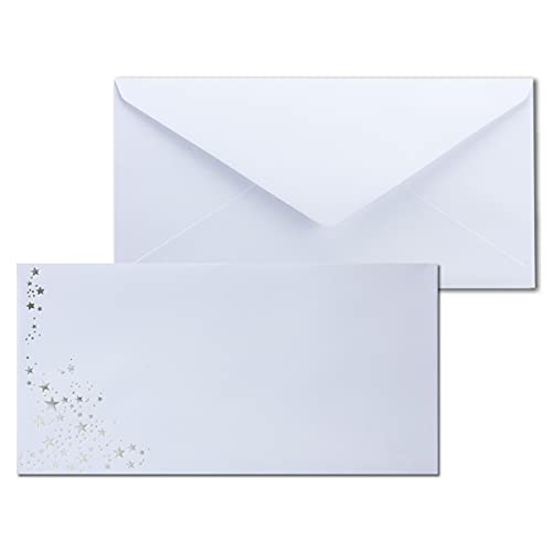 200x Briefumschläge mit Metallic Sternen - DIN Lang - Silber geprägter Sternenregen - Farbe: weiß, Nassklebung, 100 g/m² - 110 x 220 mm - ideal für Weihnachten von NEUSER PAPIER