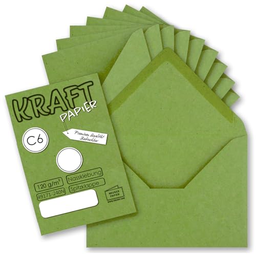 200x Kraftpapier Umschläge DIN C6 Hellgrün - 11,4 x 16,2 cm ohne Fenster - Vintage Briefumschläge mit Nassklebung Spitzklappe - NEUSER PAPIER von NEUSER PAPIER