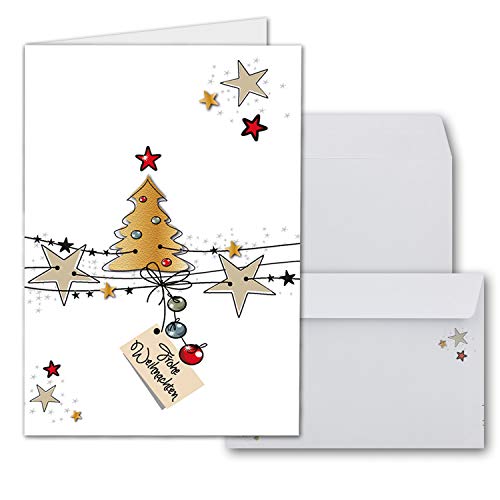 200x Weihnachtskarten-Set DIN A6 in Weiß mit Weihnachtsbaum und Sternen - Faltkarten mit passenden Umschlägen - Weihnachtsgrüße für Firmen und Privat von NEUSER PAPIER