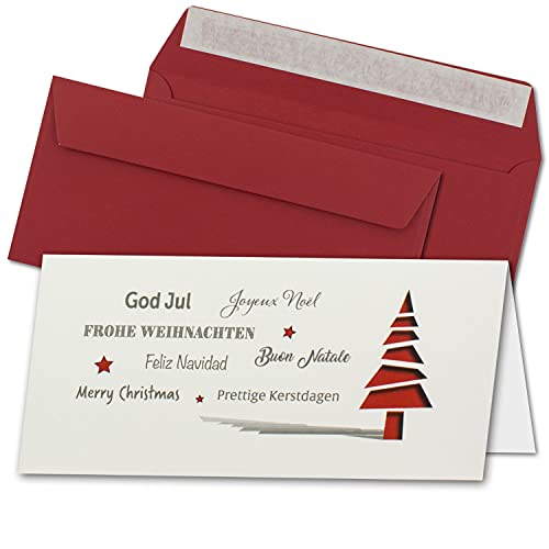 200x Weihnachtskarten-Set DIN Lang in Creme mit roten Tannenbäumen und Text - Faltkarten mit Umschlägen DIN Lang Dunkelrot mit Haftklebung - Weihnachtsgrüße für Firmen und Privat von NEUSER PAPIER