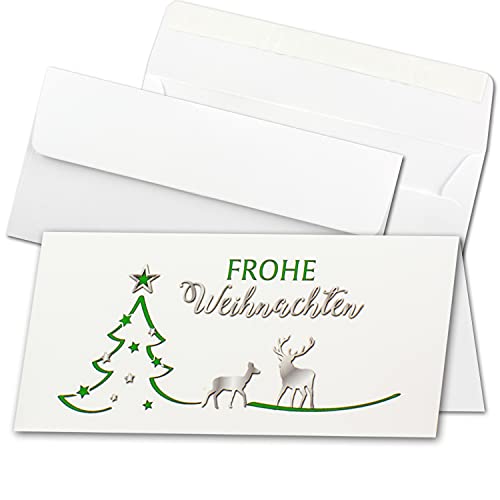 200x Weihnachtskarten-Set DIN Lang in Weiß mit grünem Tannenbaum und Rentier - Faltkarten mit passenden Umschlägen DIN Lang Hochweiß mit Haftklebung - Weihnachtsgrüße für Firmen und Privat von NEUSER PAPIER