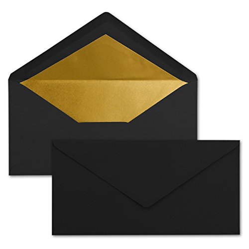 250 Brief-Umschläge DIN Lang - Schwarz mit Gold-Metallic Innen-Futter - 110 x 220 mm - Nassklebung - festliche Kuverts für Weihnachten von NEUSER PAPIER