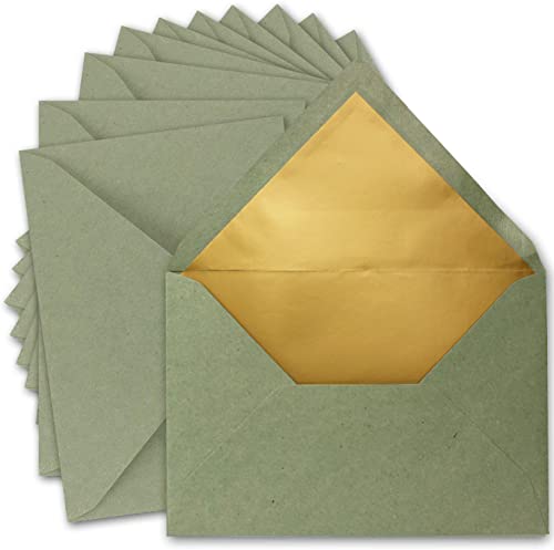 250x DIN C5 Kuverts 15,6 x 22 cm aus Kraft-Papier in Grün mit goldenem Seidenfutter - Nassklebung - Blanko Brief-Umschläge aus Recycling-Papier - Serie UmWelt von NEUSER PAPIER