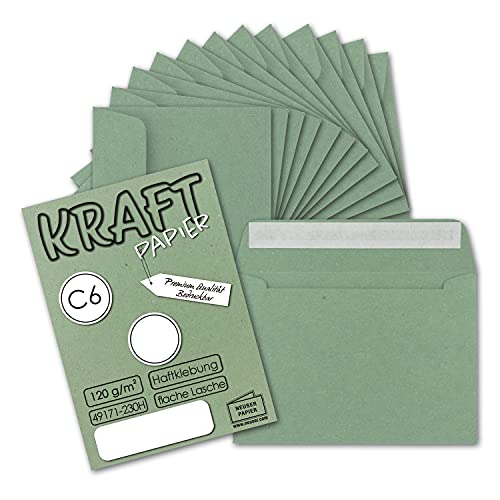 25x Briefumschläge DIN C6 Kraftpapier - Grün - Vintage Recycling Kuverts mit Haftklebung - 114 x 162 mm von NEUSER PAPIER