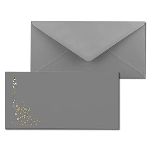 25x Briefumschläge mit Metallic Sternen - DIN Lang - Gold geprägter Sternenregen - Farbe: Grau - Nassklebung - 120 g/m² - 110 x 220 mm - ideal für Weihnachten von NEUSER PAPIER