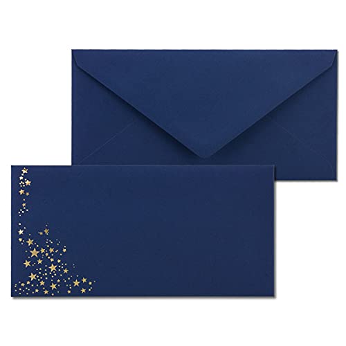 25x Briefumschläge mit Metallic Sternen - DIN Lang - Gold geprägter Sternenregen - Farbe: dunkelblau, Nassklebung, 120 g/m² - 110 x 220 mm - ideal für Weihnachten von NEUSER PAPIER