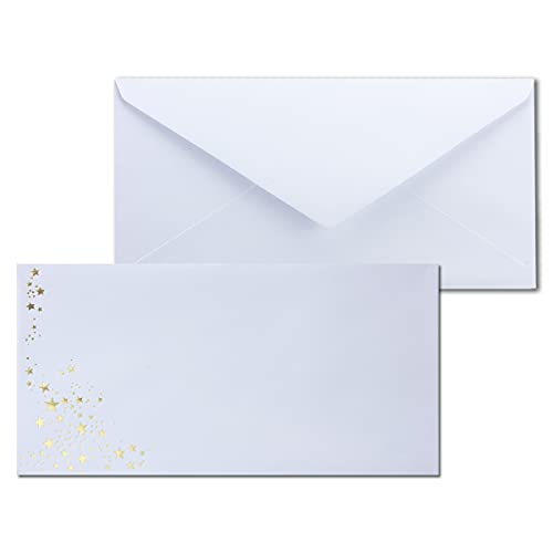 25x Briefumschläge mit Metallic Sternen - DIN Lang - Gold geprägter Sternenregen - Farbe: weiß, Nassklebung, 100 g/m² - 110 x 220 mm - ideal für Weihnachten von NEUSER PAPIER